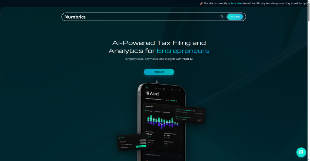 Numbrics hero — AI-Powered Tax Filing and Analytics for Entrepreneurs; simplify taxes, payments, and insights with Taalr AI