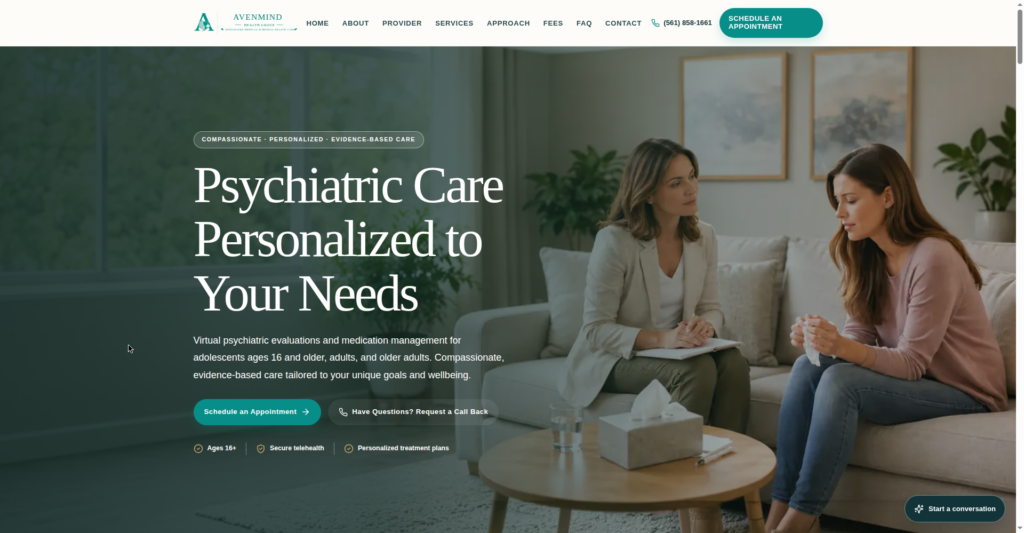 Avenmind Health Group homepage hero — Psychiatric Care Personalized to Your Needs; virtual psychiatric evaluations and medication management for adolescents ages 16 and older, adults, and older adults
