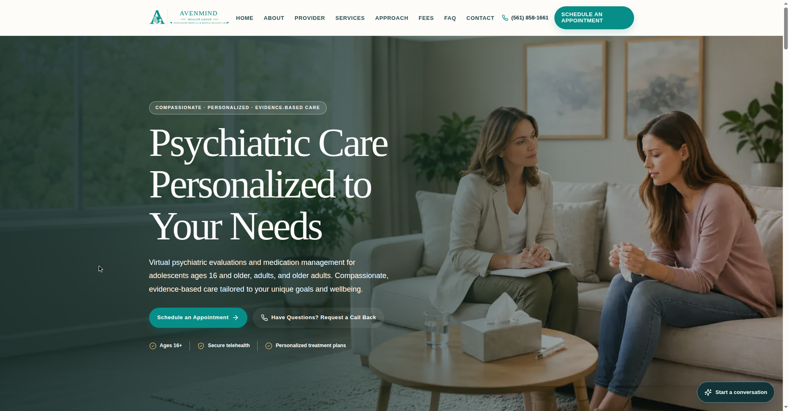 Avenmind Health Group homepage hero — Psychiatric Care Personalized to Your Needs; virtual psychiatric evaluations and medication management for adolescents ages 16 and older, adults, and older adults