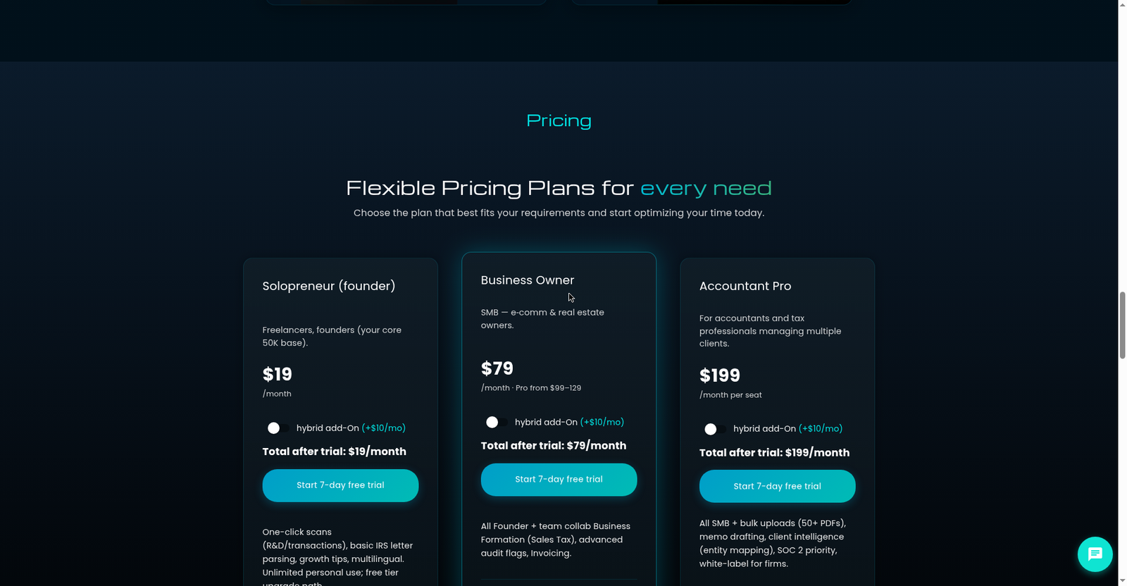 Numbrics pricing plans — Flexible Pricing Plans for every need: Solopreneur, Business Owner, and Accountant Pro tiers