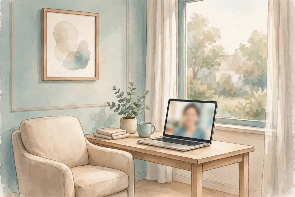 Telehealth psychiatry consultation scene with a doctor and patient on a video call for Avenmind Health