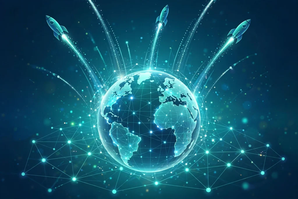 Globe with rockets launching around it symbolizing global immigrant entrepreneurship for the iDesire platform