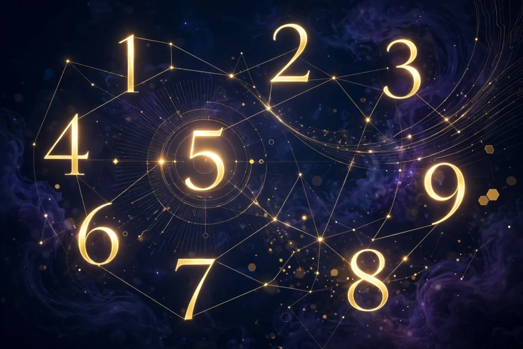 Golden 3D numerals floating over a deep indigo background, representing the Numbrics AI-powered numerology app